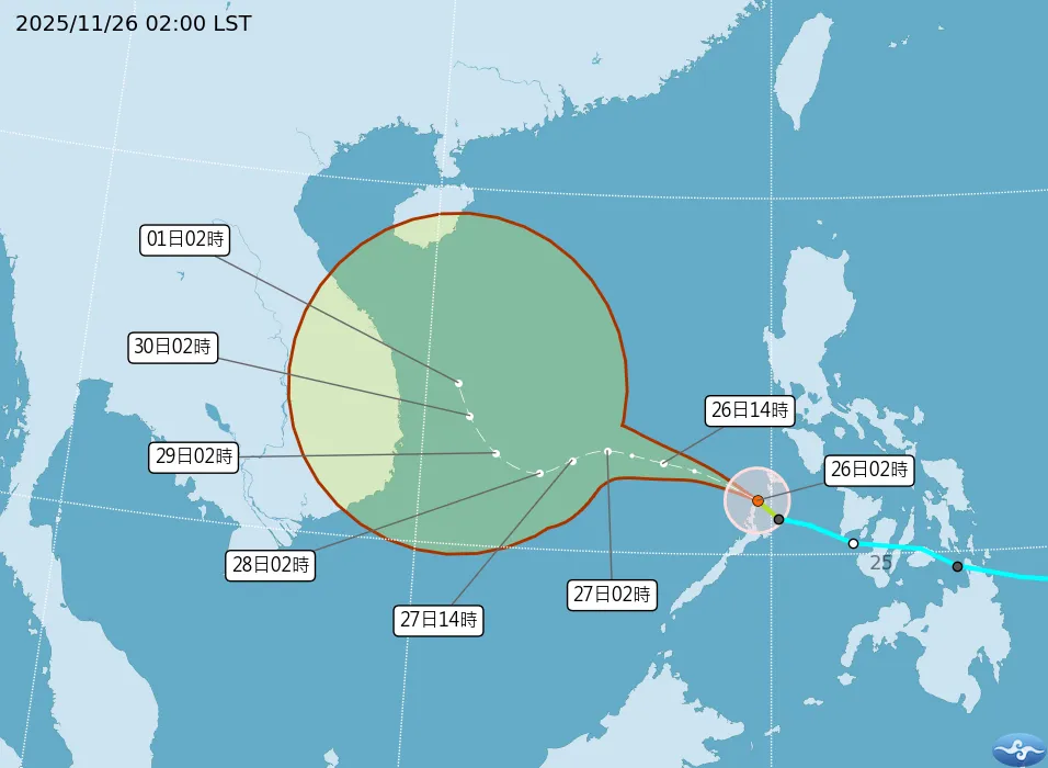 天琴颱風目前位於鵝鑾鼻南方，未來朝中南半島前進。中央氣象署