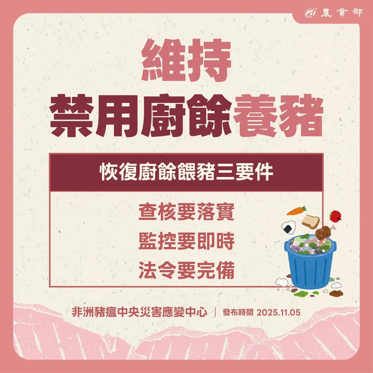 仍维持禁用厨余养猪。农业部提供