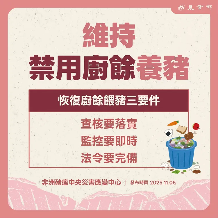 仍維持禁用廚餘養豬。農業部提供