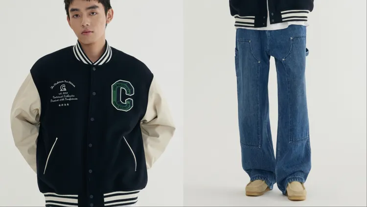 COVERNAT字母棒球外套9490元、寬版工裝風牛仔褲3190元。品牌提供