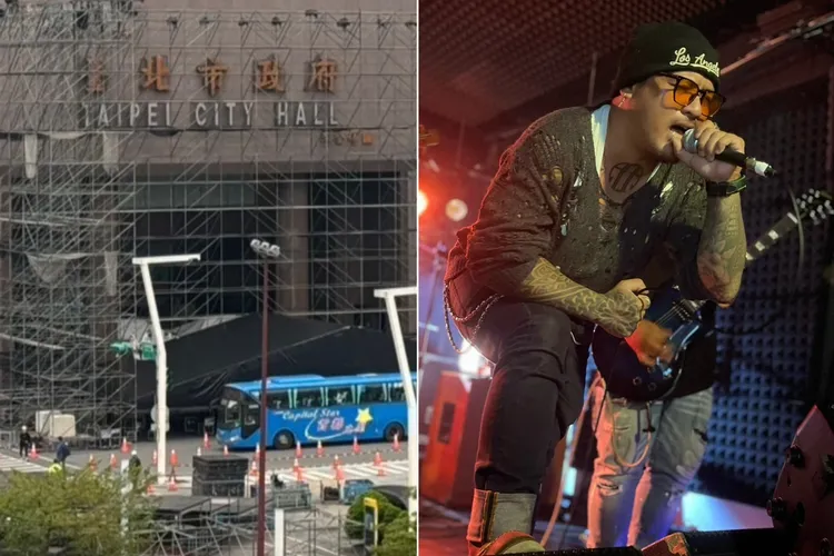 北市府跨年舞台工安意外，36岁乐团主唱「阿利克」跨年舞台搭建摔落身亡（右）。合成照片：资料照／翻摄Lawai Arik脸书

