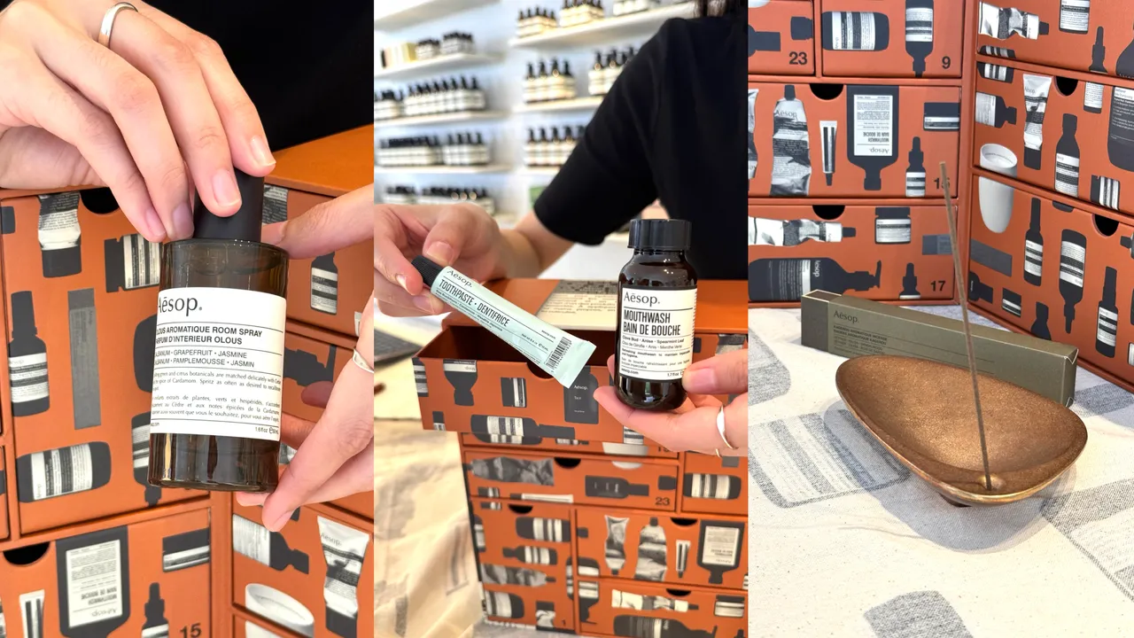 倒数月历中有空间喷雾、口腔清洁、线香等吸睛单品。张家玲摄