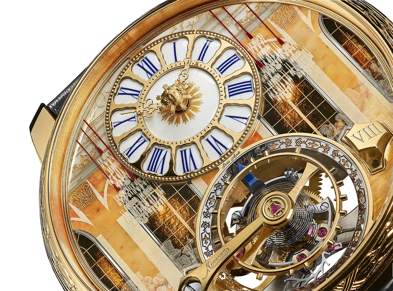 万宝龙明星传承系列悬浮外置陀飞轮腕表凡尔赛宫限量版8,表盘本身是一幅微缩的艺术景象。品牌提供
