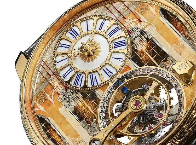 萬寶龍明星傳承系列懸浮外置陀飛輪腕錶凡爾賽宮限量版8，錶盤本身是一幅微縮的藝術景象。品牌提供