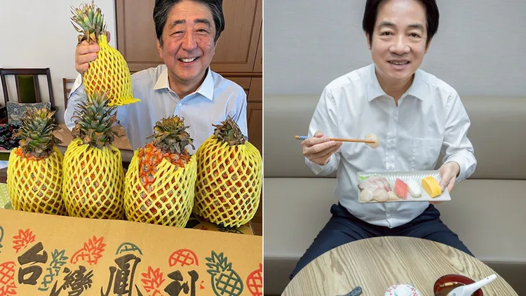 左图为安倍晋三当年力挺台湾凤梨、右图为总统赖清德今天声援日本海鲜。翻摄自安倍晋三、赖清德X