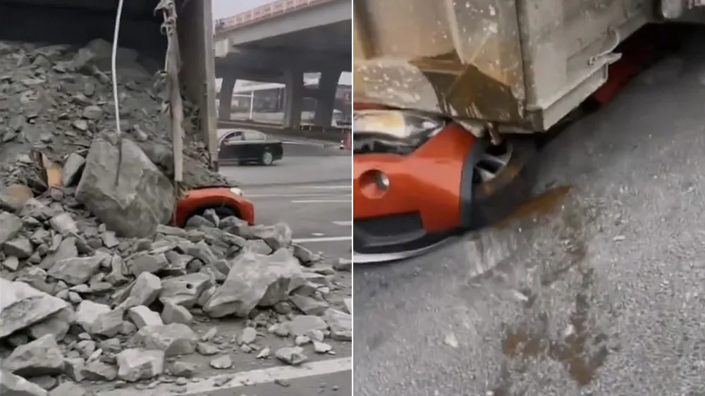 女驾驶的轿车被整辆压扁。翻摄自微博