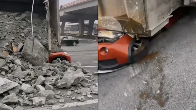 女駕駛的轎車被整輛壓扁。翻攝自微博