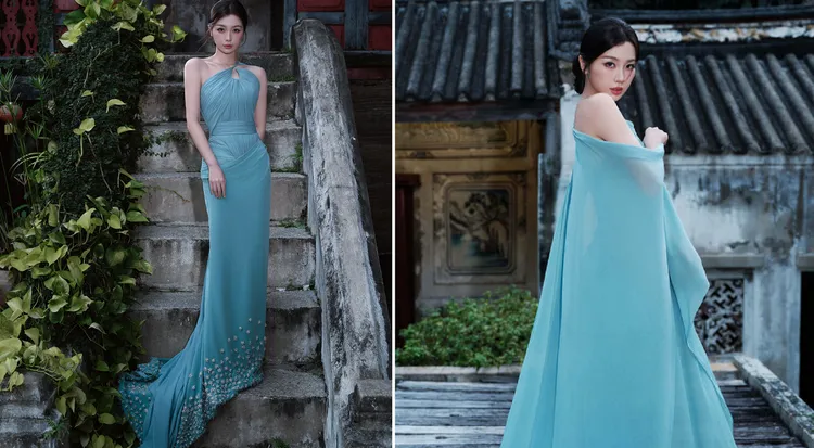 虞书欣昨穿这身蓝色礼服在泰国出席活动。翻摄虞书欣工作室微博