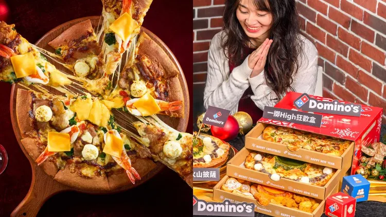 迎接聖誕節及跨年，業者推出嫩牛大蝦起司披薩（左）、披薩狂歡盒等新品搶客。必勝客、達美樂提供