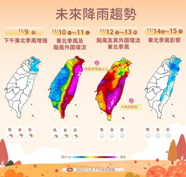 台风登陆点落在西部，但受东北季风共伴效应影响，北部与东半部将成主要降雨区。中央气象署