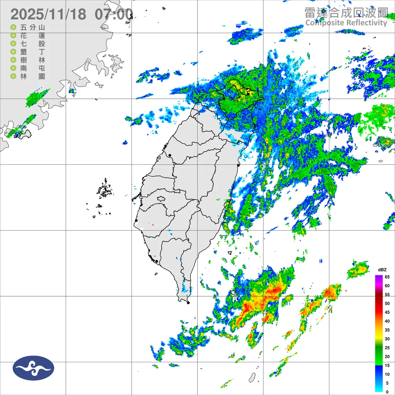 真實色雲圖顯示，這波冷空氣伴隨的降水回波不強、但持續時間長。中央氣象署