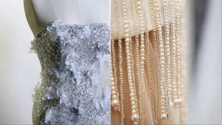 大量珠鑽、亮片蕾絲與手工珍珠，沿著薄紗的脈絡一一縫製，形成光軌般的分布。品牌提供
