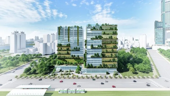 「高雄港新亞灣雙子星大樓開發案」模擬示意圖。港務公司提供