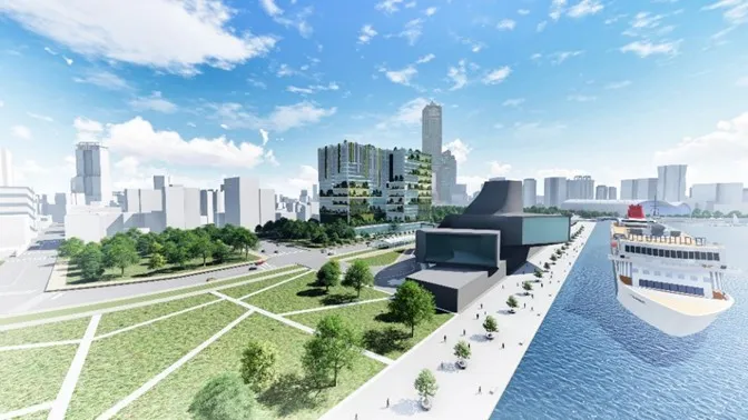 「高雄港新亚湾双子星大楼开发案」模拟示意图。港务公司提供