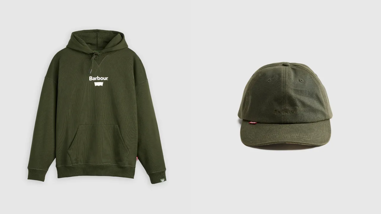 Levi’s® x Barbour重磅连帽上衣（左）6500元、Logo油布鸭舌帽（右）2000元。品牌提供