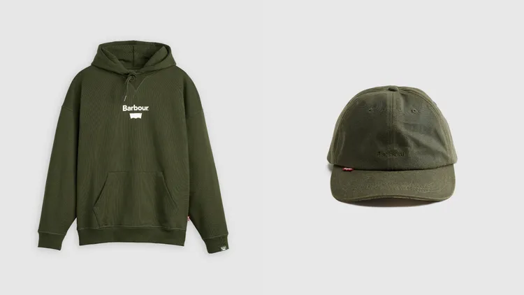 Levi’s® x Barbour重磅連帽上衣（左）6500元、Logo油布鴨舌帽（右）2000元。品牌提供