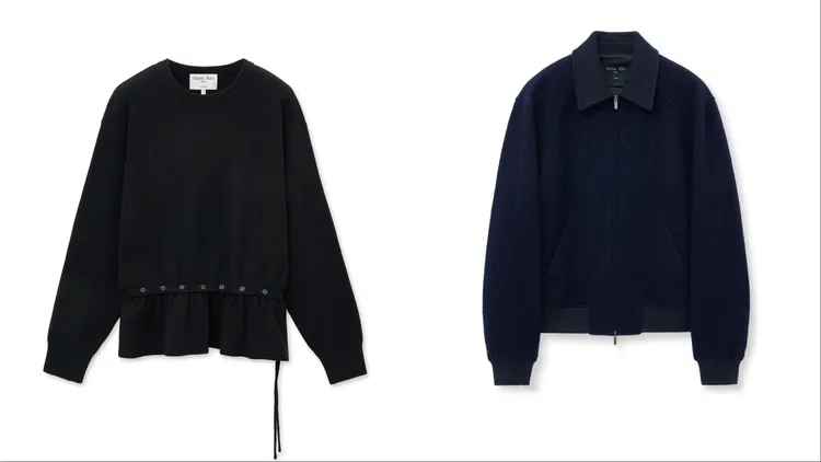 Matin Kim可拆式裙裝針織衫（左）5690元、男版弧形線條羊毛夾克（右）1萬200元。品牌提供