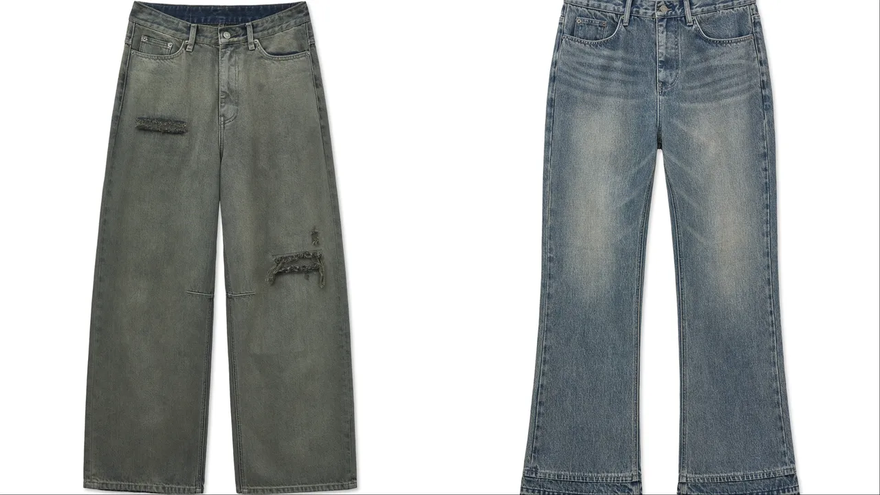 Matin Kim后背LOGO宽牛仔裤（左）5490元、男版洗水喇叭牛仔裤（右）4890元。品牌提供