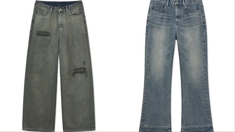 Matin Kim後背LOGO寬牛仔褲（左）5490元、男版洗水喇叭牛仔褲（右）4890元。品牌提供