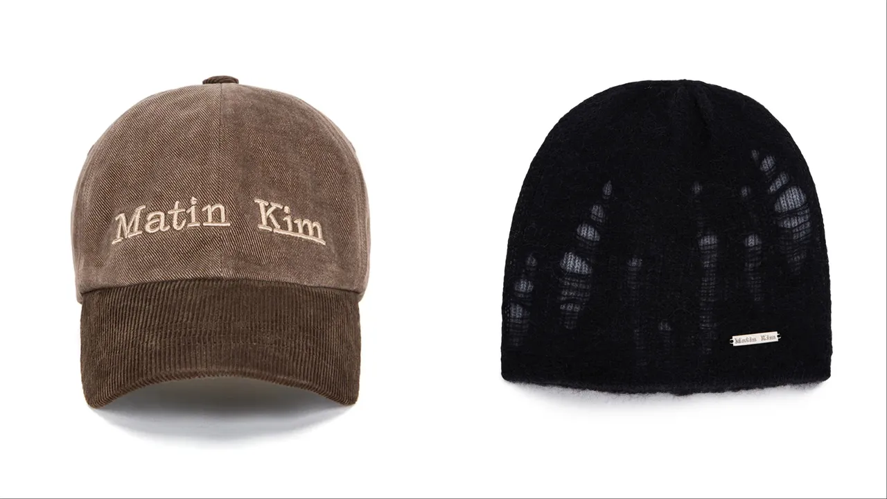 Matin Kim经典LOGO刺绣拼色灯芯绒棒球帽（左）1690元、复古多层针织帽（右）2290元。品牌提供