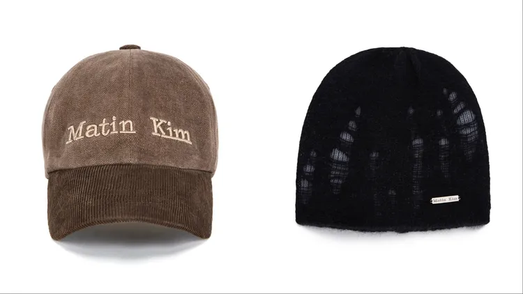 Matin Kim經典LOGO刺繡拼色燈芯絨棒球帽（左）1690元、復古多層針織帽（右）2290元。品牌提供