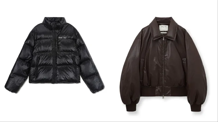 Matin Kim亮面羽絨外套（左）8400元、人造皮革羽絨夾克（右）9400元。品牌提供