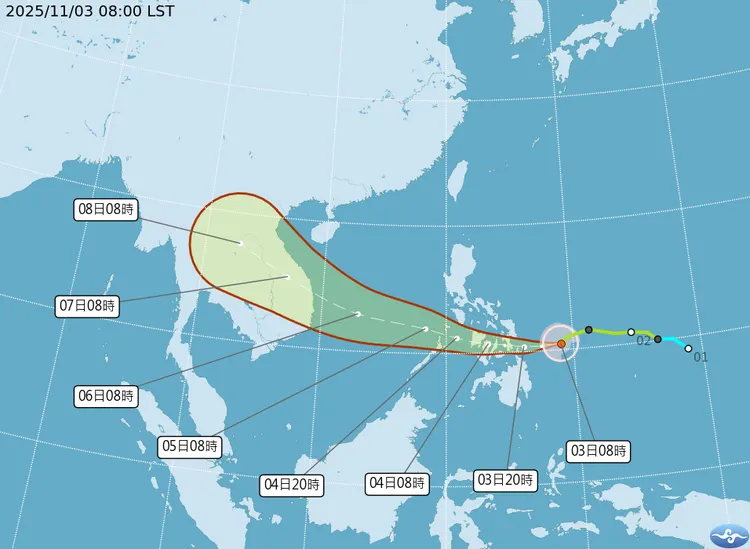 海鷗颱風路徑潛勢預報，顯示其將進入南海，朝越南方向前進。中央氣象署