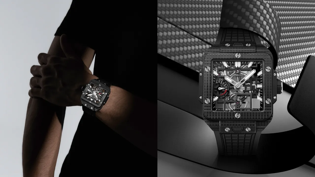 HUBLOT SQUARE BANG 陀飛輪四日動力儲存腕錶以幾何雕刻時間。品牌提供