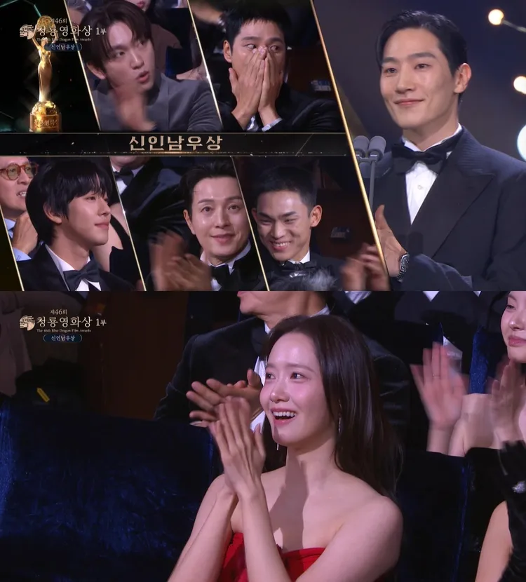 安普賢（上圖）被唱名不敢置信摀嘴，搭檔潤娥（下圖）為他鼓掌。翻攝chzzk