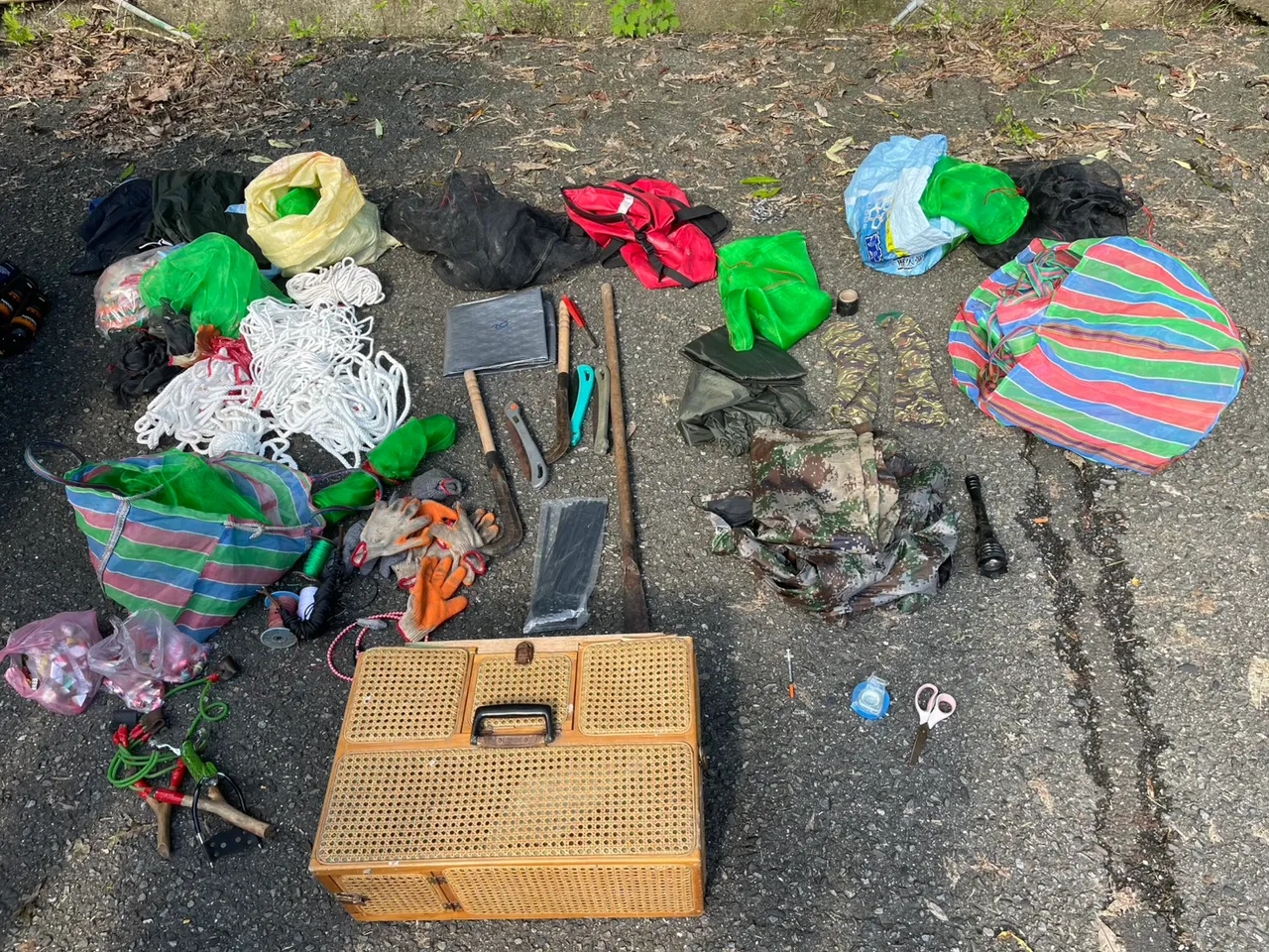 警方在现场起获鸟网、弹弓等证物。翻摄照片