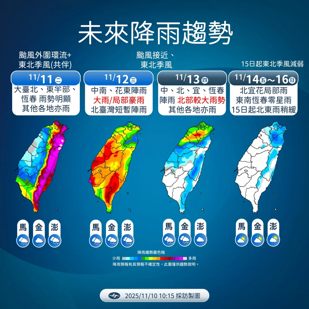 台北连续3日受凤凰」台风与东北季风双重影响，将有风雨。中央气象署提供