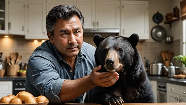 硬汉厨师将黑熊推赶了出去。AI示意图
