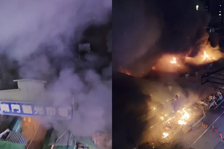 有悠久历史的桃园南门市场昨天（5日）晚间发生火警，2/3的市场区域均烧毁。翻摄画面