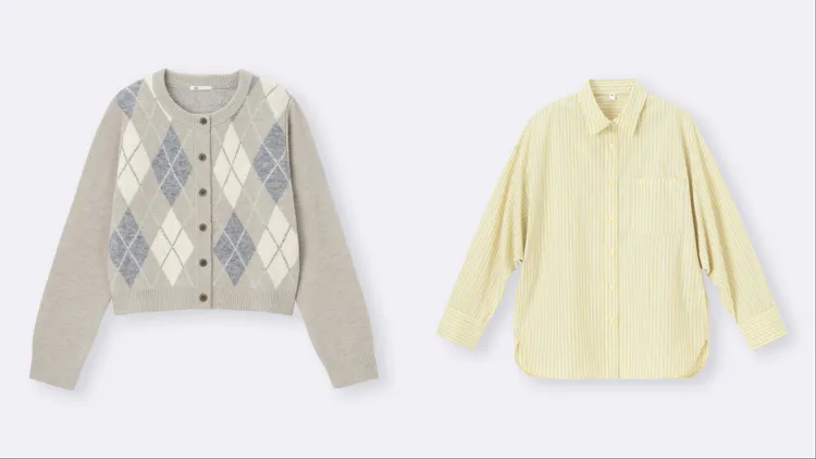 GU Puff蓬鬆柔軟圓領針織開襟外套（左）限定價590元、蝙蝠袖襯衫（右）限定價690元。品牌提供