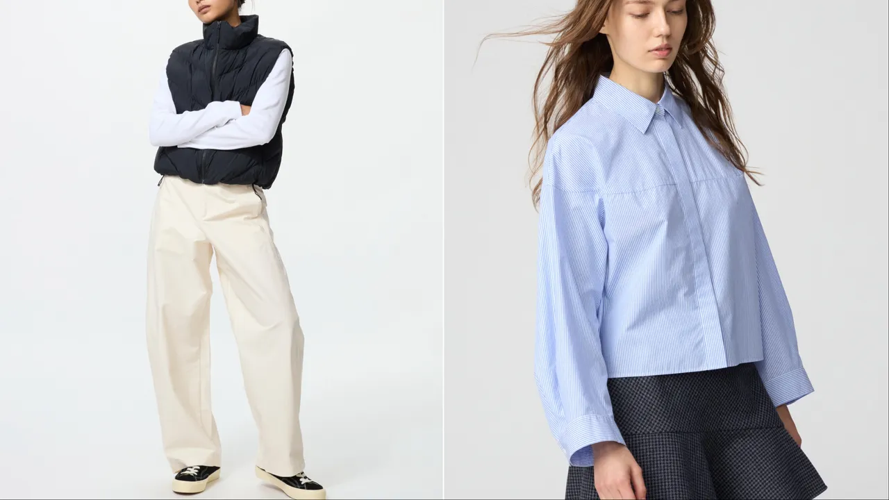 UNIQLO女装茧型裤（左）限定价990元、女装棉质短版衬衫（右）限定价590元。品牌提供