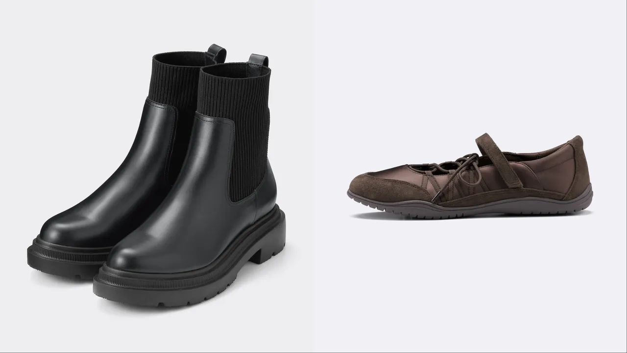 GU 罗纹针织袜靴（左）限定价890元、系带芭蕾运动鞋（右）限定价790元。品牌提供