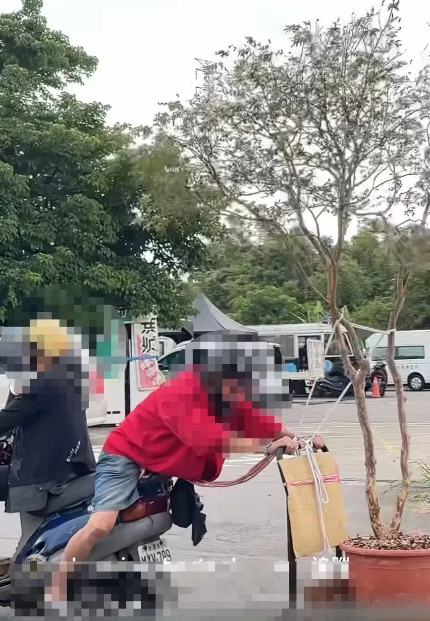 阿伯背坐在机车上拉手推车载运树葡萄。大溪警分局提供