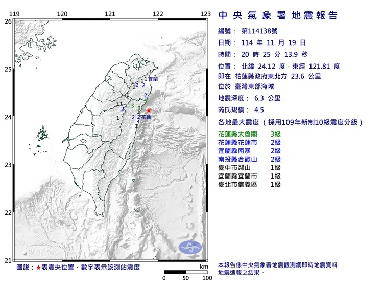 花莲外海地震。地震示意图