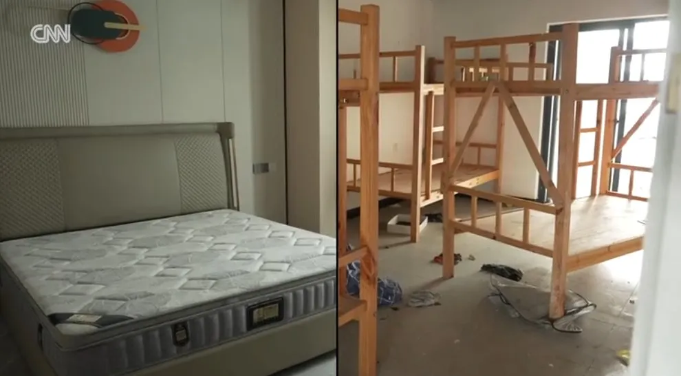黄志扬的卧室宽敞明亮（图左），诈团员工则住在拥挤的上下舖（图右）翻摄有线电视新闻网画面