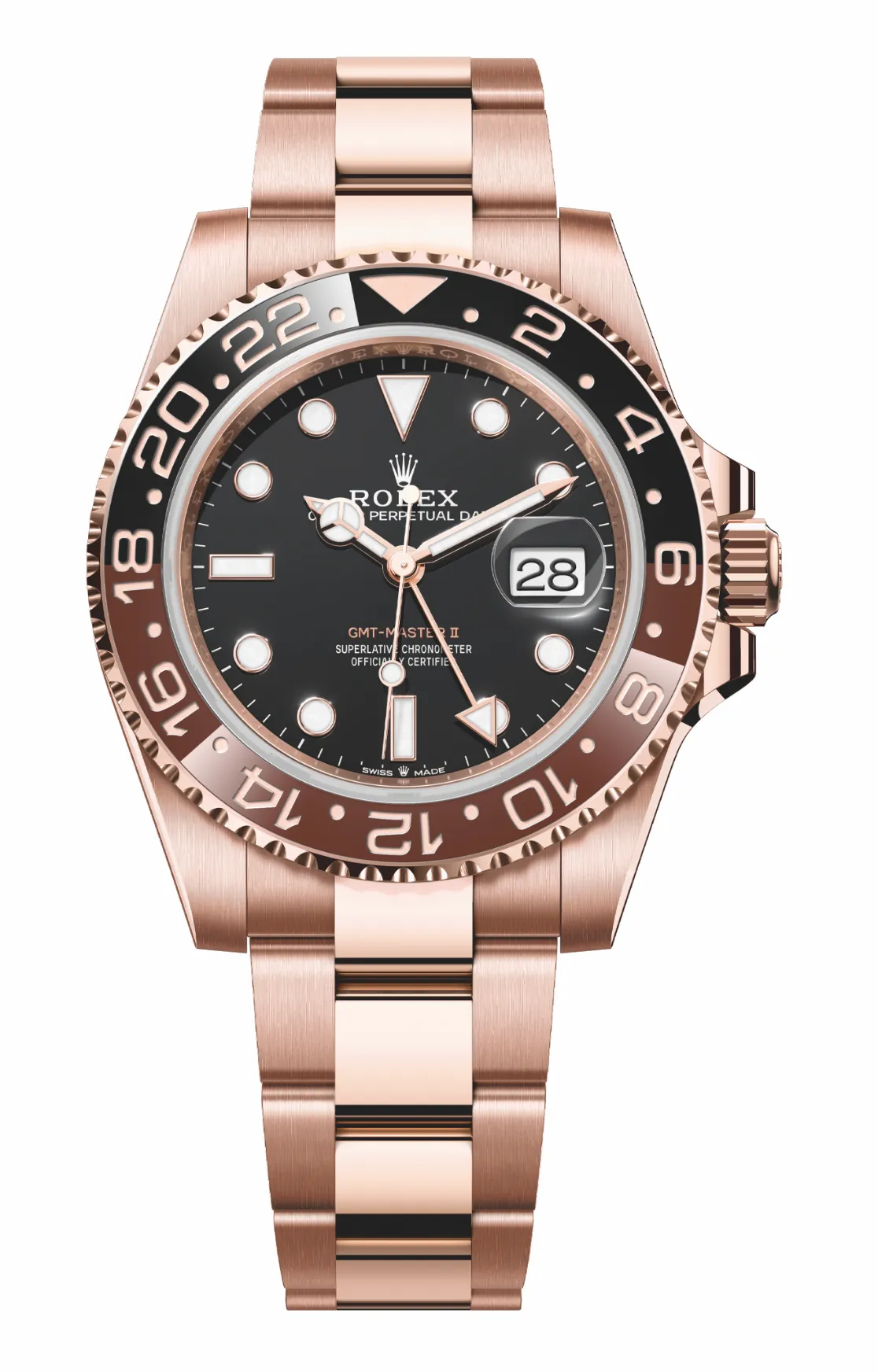 GMT-Master II，18K永恒玫瑰金，棕黑双色Cerachrom陶质字圈，2018 年，型号126715。品牌提供