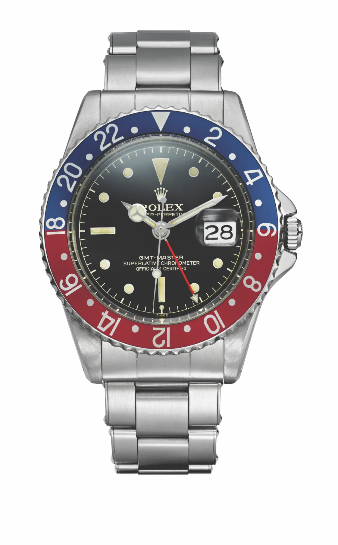 GMT-Master II，不锈钢，红蓝双色字圈，1959年，型号1675。品牌提供