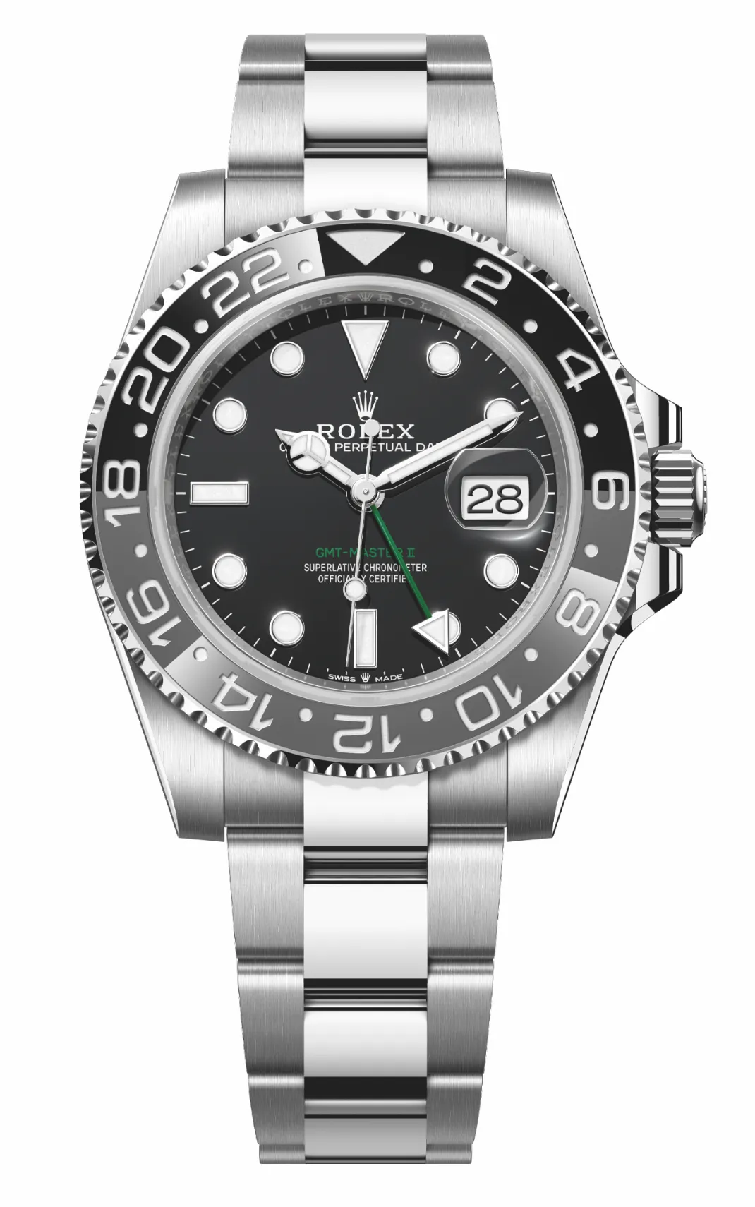 GMT-Master II，蚝式钢，灰黑双色Cerachrom陶质字圈，2024年，型号126710。品牌提供