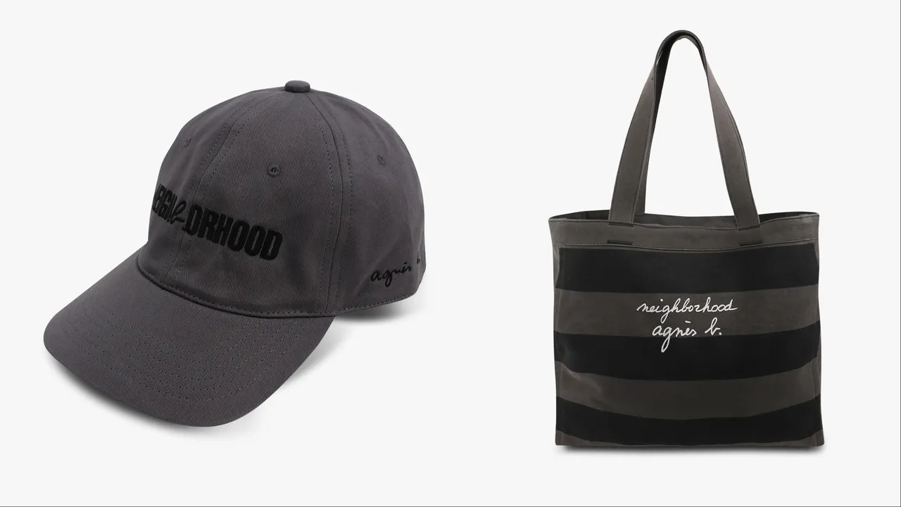 agnès b. x NEIGHBORHOOD棒球帽（左）3680元、条纹托特包（右）1万580元。品牌提供