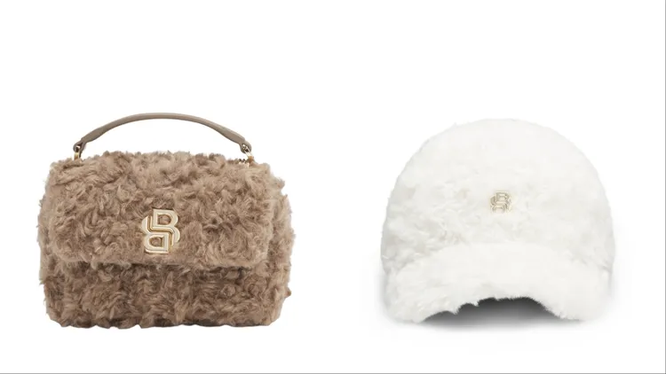 BOSS x Steiff節日系列棕色絨毛鏈帶肩背包（左）9900元、白色絨毛棒球帽（右）2700元。品牌提供