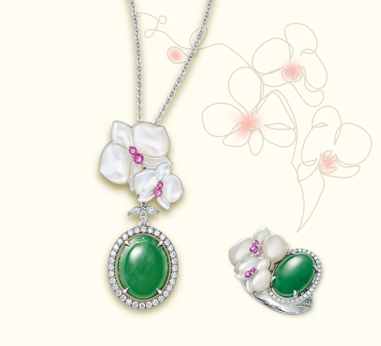 「映之蘭」翡翠戒指選用經設計師親自挑選、配對的母貝，由工匠手工雕刻與打磨，每件皆為獨一無二。昇恆昌提供