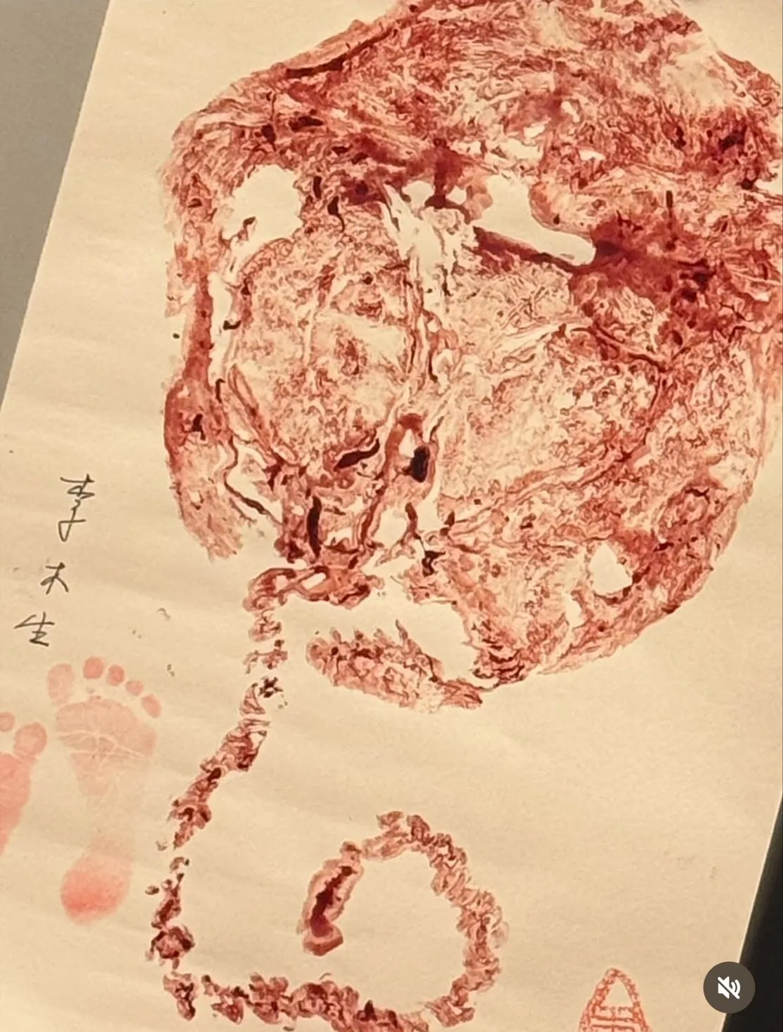 陈奕女儿的脚丫和脐带拓印。翻摄陈奕IG