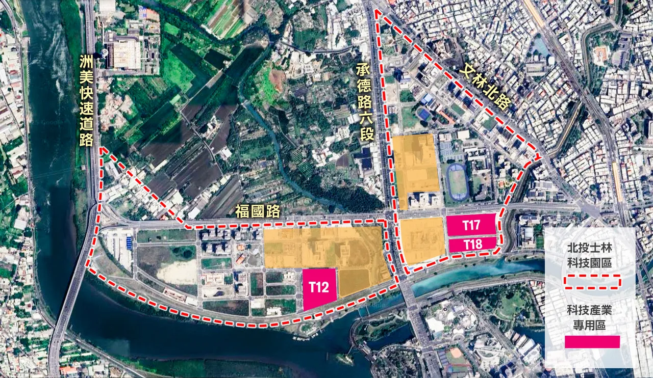 台北市北士科園區的T17、T18以及北士科T12旁的洲美國小預定地（周圍計畫增變電所）位置。壹蘋製圖