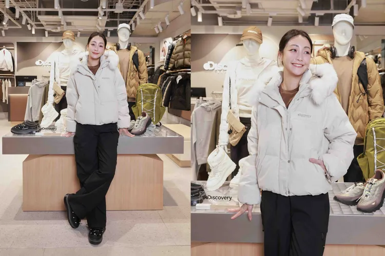 謝欣穎身著Discovery Expedition KELLY女版短版羽絨外套。品牌提供