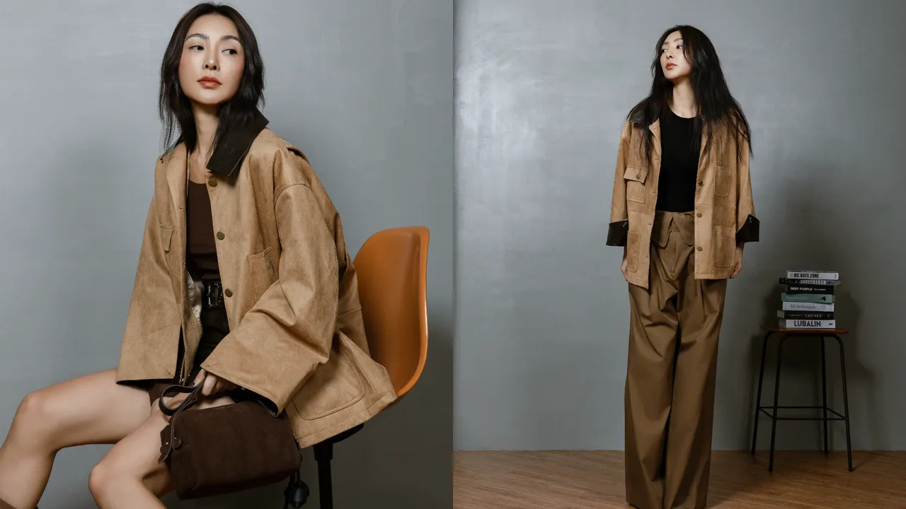 SO NICE巴恩风人造皮革拼接麂皮宽松版外套，2980元。品牌提供