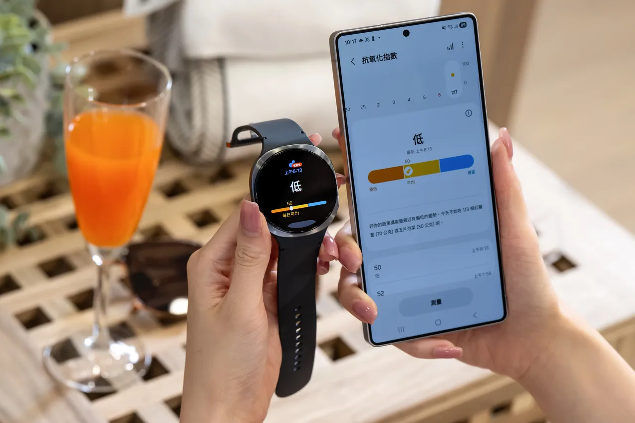 三星Galaxy Watch8系列可在五秒內測量皮膚內的類胡蘿蔔素濃度，顯示用戶的「抗氧化指數」。三星提供